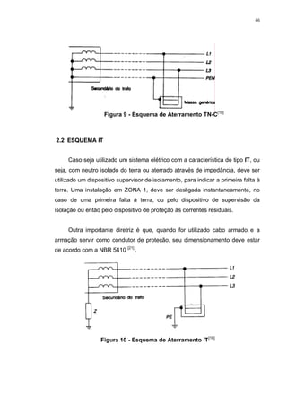 46
Figura 9 - Esquema de Aterramento TN-C[18]
2.2 ESQUEMA IT
Caso seja utilizado um sistema elétrico com a característica do tipo IT, ou
seja, com neutro isolado do terra ou aterrado através de impedância, deve ser
utilizado um dispositivo supervisor de isolamento, para indicar a primeira falta à
terra. Uma instalação em ZONA 1, deve ser desligada instantaneamente, no
caso de uma primeira falta à terra, ou pelo dispositivo de supervisão da
isolação ou então pelo dispositivo de proteção às correntes residuais.
Outra importante diretriz é que, quando for utilizado cabo armado e a
armação servir como condutor de proteção, seu dimensionamento deve estar
de acordo com a NBR 5410 [21]
.
Figura 10 - Esquema de Aterramento IT[18]
 