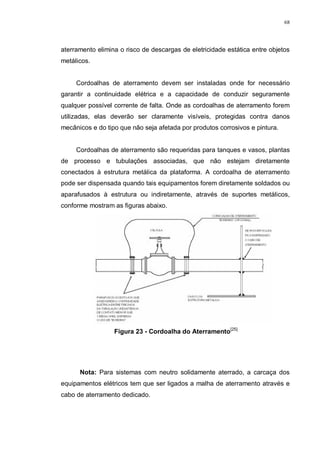 68
aterramento elimina o risco de descargas de eletricidade estática entre objetos
metálicos.
Cordoalhas de aterramento devem ser instaladas onde for necessário
garantir a continuidade elétrica e a capacidade de conduzir seguramente
qualquer possível corrente de falta. Onde as cordoalhas de aterramento forem
utilizadas, elas deverão ser claramente visíveis, protegidas contra danos
mecânicos e do tipo que não seja afetada por produtos corrosivos e pintura.
Cordoalhas de aterramento são requeridas para tanques e vasos, plantas
de processo e tubulações associadas, que não estejam diretamente
conectados à estrutura metálica da plataforma. A cordoalha de aterramento
pode ser dispensada quando tais equipamentos forem diretamente soldados ou
aparafusados à estrutura ou indiretamente, através de suportes metálicos,
conforme mostram as figuras abaixo.
Figura 23 - Cordoalha do Aterramento[25]
Nota: Para sistemas com neutro solidamente aterrado, a carcaça dos
equipamentos elétricos tem que ser ligados a malha de aterramento através e
cabo de aterramento dedicado.
 