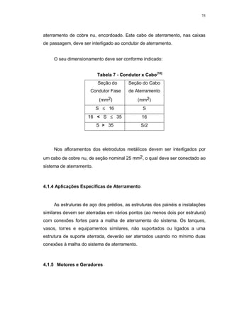 75
aterramento de cobre nu, encordoado. Este cabo de aterramento, nas caixas
de passagem, deve ser interligado ao condutor de aterramento.
O seu dimensionamento deve ser conforme indicado:
Tabela 7 - Condutor x Cabo[18]
Seção do
Condutor Fase
(mm2)
Seção do Cabo
de Aterramento
(mm2)
S ≤ 16 S
16 < S ≤ 35 16
S > 35 S/2
Nos afloramentos dos eletrodutos metálicos devem ser interligados por
um cabo de cobre nu, de seção nominal 25 mm2, o qual deve ser conectado ao
sistema de aterramento.
4.1.4 Aplicações Específicas de Aterramento
As estruturas de aço dos prédios, as estruturas dos painéis e instalações
similares devem ser aterradas em vários pontos (ao menos dois por estrutura)
com conexões fortes para a malha de aterramento do sistema. Os tanques,
vasos, torres e equipamentos similares, não suportados ou ligados a uma
estrutura de suporte aterrada, deverão ser aterrados usando no mínimo duas
conexões á malha do sistema de aterramento.
4.1.5 Motores e Geradores
 
