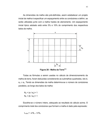 83
As dimensões da malha são pré-definidas, assim estabelecer um projeto
inicial de malha é especificar um espaçamento entre os condutores e definir, se
serão utilizadas junto com a malha hastes de aterramento. Um espaçamento
inicial típico adotado está entre 5% e 10% do comprimento dos respectivos
lados da malha.
Figura 26 - Malha da Terra[33]
Todas as fórmulas a serem usadas no cálculo de dimensionamento da
malha de terra, foram deduzidas considerando as submalhas quadradas, isto é,
ea ≅ eb.. Tendo as dimensões da malha determina-se o número de condutores
paralelos, ao longo dos lados da malha:
Na = (a / ea) + 1
Nb = (b / eb) + 1
Escolhe-se o número inteiro, adequado ao resultado do cálculo acima. O
comprimento total dos condutores que formam a malha é dado pela expressão:
Lcabo = a Nb + b Na
 