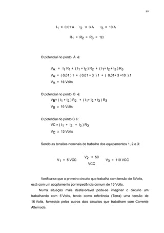 89
I1 = 0,01 A I2 = 3 A I3 = 10 A
R1 = R2 = R3 = 1Ω
O potencial no ponto A é:
VA = I1 R1 + ( I1 + I2 ) R2 + ( I1+ I2 + I3 ) R3
VA = ( 0,01 ) 1 + ( 0,01 + 3 ) 1 + ( 0,01+ 3 +10 ) 1
VA = 16 Volts
O potencial no ponto B é:
VB= ( I1 + I2 ) R2 + ( I1+ I2 + I3 ) R3
VB ≅ 16 Volts
O potencial no ponto C é:
VC = ( I1 + I2 + I3 ) R3
VC ≅ 13 Volts
Sendo as tensões nominais de trabalho dos equipamentos 1, 2 e 3:
V1 = 5 VCC
V2 = 50
VCC
V3 = 110 VCC
Verifica-se que o primeiro circuito que trabalha com tensão de 5Volts,
está com um acoplamento por impedância comum de 16 Volts.
Numa situação mais desfavorável pode-se imaginar o circuito um
trabalhando com 5 Volts, tendo como referência (Terra) uma tensão de
16 Volts, fornecida pelos outros dois circuitos que trabalham com Corrente
Alternada.
 