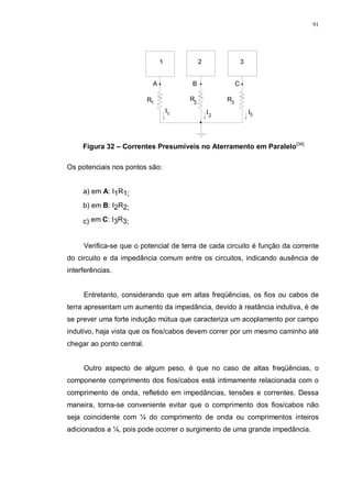 91
1 2 3
A B C
R1
R2
R3
I1 I2
I3
Figura 32 – Correntes Presumíveis no Aterramento em Paralelo[34]
Os potenciais nos pontos são:
a) em A: I1R1;
b) em B: I2R2;
c) em C: I3R3;
Verifica-se que o potencial de terra de cada circuito é função da corrente
do circuito e da impedância comum entre os circuitos, indicando ausência de
interferências.
Entretanto, considerando que em altas freqüências, os fios ou cabos de
terra apresentam um aumento da impedância, devido à reatância indutiva, é de
se prever uma forte indução mútua que caracteriza um acoplamento por campo
indutivo, haja vista que os fios/cabos devem correr por um mesmo caminho até
chegar ao ponto central.
Outro aspecto de algum peso, é que no caso de altas freqüências, o
componente comprimento dos fios/cabos está intimamente relacionada com o
comprimento de onda, refletido em impedâncias, tensões e correntes. Dessa
maneira, torna-se conveniente evitar que o comprimento dos fios/cabos não
seja coincidente com ¼ do comprimento de onda ou comprimentos inteiros
adicionados a ¼, pois pode ocorrer o surgimento de uma grande impedância.
 