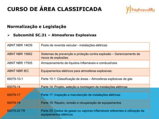  Subcomitê SC.31 – Atmosferas Explosivas
ABNT NBR 14639 Posto de revenda veicular - instalações elétricas
ABNT NBR 15662 Sistemas de prevenção e proteção contra explosão – Gerenciamento de
riscos de explosões
ABNT NBR 17505 Armazenamento de líquidos inflamáveis e combustíveis
ABNT NBR IEC Equipamentos elétricos para atmosferas explosivas:
60079-10-1 Parte 10-1: Classificação de áreas – Atmosferas explosivas de gás
60079-14 Parte 14: Projeto, seleção e montagem de instalações elétricas
60079-17 Parte 17: Inspeção e manutenção de instalações elétricas
60079-19 Parte 19: Reparo, revisão e recuperação de equipamentos
60079-20 TR Parte 20: Dados de gases ou vapores inflamáveis referentes à utilização de
equipamentos elétricos
CURSO DE ÁREA CLASSIFICADA
Normalização e Legislação
 