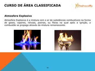 Atmosfera Explosiva
Atmosfera Explosiva é a mistura com o ar de substâncias combustíveis na forma
de gases, vapores, névoas, poeiras, ou fibras na qual após a ignição, a
combustão se propaga através da mistura remanescente.
14
CURSO DE ÁREA CLASSIFICADA
 