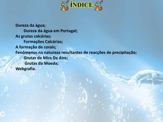 ÍNDICE
Dureza da água;
Dureza da água em Portugal;
As grutas calcárias;
Formações Calcárias;
A formação de corais;
Fenómenos na natureza resultantes de reacções de precipitação;
Grutas de Mira De Aire;
Grutas da Moeda;
Webgrafia.
 