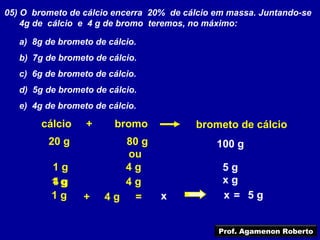 05) O brometo de cálcio encerra 20% de cálcio em massa. Juntando-se
    4g de cálcio e 4 g de bromo teremos, no máximo:

   a) 8g de brometo de cálcio.
   b) 7g de brometo de cálcio.
   c) 6g de brometo de cálcio.
   d) 5g de brometo de cálcio.
   e) 4g de brometo de cálcio.

        cálcio    +      bromo           brometo de cálcio
         20 g           80 g                  100 g
                         ou
          1g            4g                     5g
          1g
          4g            4g                     xg
          1g     +    4g =        x            x = 5g


                                              Prof. Agamenon Roberto
 