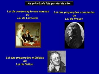 As principais leis ponderais são:

Lei da conservação das massas       Lei das proporções constantes
               ou                                  ou
        Lei de Lavoisier                     Lei de Proust




Lei das proporções múltiplas
              ou
        Lei de Dalton
 