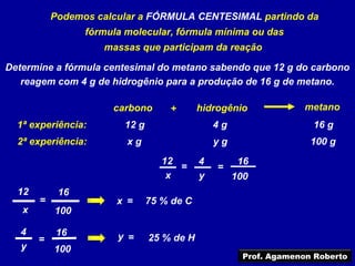Podemos calcular a FÓRMULA CENTESIMAL partindo da
                 fórmula molecular, fórmula mínima ou das
                    massas que participam da reação

Determine a fórmula centesimal do metano sabendo que 12 g do carbono
   reagem com 4 g de hidrogênio para a produção de 16 g de metano.

                      carbono       +       hidrogênio              metano
  1ª experiência:        12 g                   4g                   16 g
  2ª experiência:        xg                     yg                   100 g
                                   12       4         16
                                      =         =
                                    x       y        100
  12        16
       =               x =      75 % de C
   x       100

   4       16          y =
       =                        25 % de H
   y       100
                                                       Prof. Agamenon Roberto
 