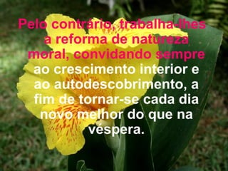 Pelo contrário, trabalha-Ihes a reforma de natureza moral, convidando sempre  ao crescimento interior e ao autodescobrimento, a fim de tornar-se cada dia novo melhor do que na véspera. 