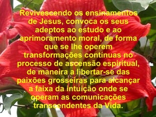 Revivescendo os ensinamentos de Jesus, convoca os seus adeptos ao estudo e ao aprimoramento moral, de forma que se lhe operem transformações contínuas no processo de ascensão espiritual, de maneira a libertar-se das paixões grosseiras para alcançar a faixa da intuição onde se operam as comunicações transcendentes da Vida. 