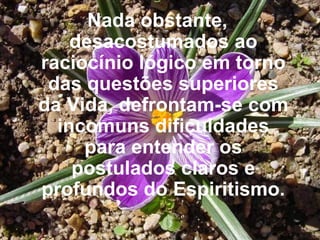 Nada obstante, desacostumados ao raciocínio lógico em torno das questões superiores da Vida, defrontam-se com incomuns dificuldades para entender os postulados claros e profundos do Espiritismo. 