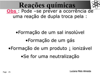 Page 25 Luciana Melo Almeida
Reações químicas
Obs : Pode –se prever a ocorrência de
uma reação de dupla troca pela :
•Formação de um sal insolúvel
•Formação de um gás
•Formação de um produto ↓ ionizável
•Se for uma neutralização
 