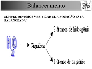 Balanceamento
SEMPRE DEVEMOS VERIFICAR SE A EQUAÇÃO ESTÁ
BALANCEADA!
 