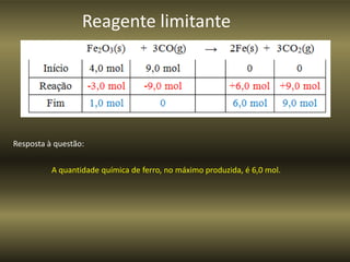 Reagente limitante
A quantidade química de ferro, no máximo produzida, é 6,0 mol.
Resposta à questão:
 