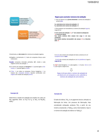 13/05/2012




                                                                      Regras para assinalar números de oxidação
                                                                     1. Para um átomo na sua forma elementar o número de oxidação é
                                                                        sempre zero.

                                                                     H2: cada átomo tem número de oxidação = 0
                                                                     P4: cada átomo tem número de oxidação = 0

                                                                     2. Para qualquer íon monoatômico o número de oxidação é igual à
                                                                     carga do íon.

                                                                     K+ tem número de oxidação +1, S 2- tem estado de oxidação de
                                                                     -2 e assim por diante.
                                                                     Íons metais alcalinos (G1): sempre tem carga 1+ em seus
                                                                     compostos.
                                                                     Íons metais alcalinos terrosos(G2): são sempre +2 e o Alumínio
                                                                     (G3): +3




3.Geralmente, os não-metais têm números de oxidação negativo.        4. A soma dos números de oxidação de todos os átomos em um
                                                                     composto neutro é zero.
(a)Oxigênio: normalmente é -2 tanto em compostos iônicos como
   moleculares                                                        A soma dos números de oxidação em um íon poliatômico é igual a
                                                                     carga do íon.
Exceção: compostos chamados peróxidos, O22-, dando a cada
  oxigênio número de oxidação -1.
                                                                   Ex: H3O+ Cada hidrogênio: +1 e cada oxigênio : -2. A soma : 3(+1) + (-2) =
(b) O número de oxidação do hidrogênio é +1 quando ligado a não-   +1, que é igual a carga do íon.
   metais, e -1 quando ligado a metais.

(c) Flúor: -1 em todos os compostos. Outros halogênios: -1 na
   maioria dos compostos binários. Quando combinados com                  Regra é útil para obter o número de oxidação de
   oxigênio tem estado de oxidação positivo.                              um átomo em um composto ou íon, sabendo os
                                                                              números de oxidação de outro átomos.




  Exemplo (4)                                                       Exemplo (5)

Determine o estado de oxidação do enxofre em cada um
dos seguintes itens: a) H2S; b) S8; c) SCl2; d) Na2SO3;             O óxido de titânio, TiO2, é um pigmento branco utilizado na
e)SO42-
                                                                    fabricação de tintas. Um processo de fabricação, hoje
                                                                    considerado antiquado, produzia TiO2 a partir de seu
                                                                    minério envolvendo o Ti(SO4)2 como intermediário. Qual é
                                                                    o número de oxidação do titânio no Ti(SO4)2?




                                                                                                                                                4
 