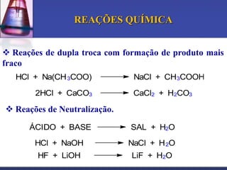 REAÇÕES QUÍMICA
 Reações de dupla troca com formação de produto mais
fraco
HCl + Na(CH 3COO)
2HCl + CaCO3

NaCl + CH 3COOH
CaCl2 + H2CO3

 Reações de Neutralização.
ÁCIDO + BASE

SAL + H2O

HCl + NaOH

NaCl + H 2O

HF + LiOH

LiF + H2O

 