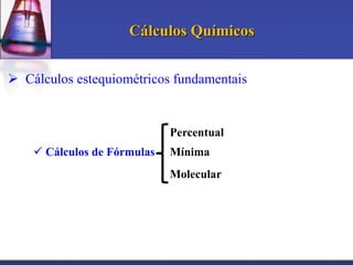 Cálculos Químicos
 Cálculos estequiométricos fundamentais

Percentual
 Cálculos de Fórmulas

Mínima
Molecular

 