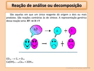 Professora Amanda Valverde
Reação de análise ou decomposição
São aquelas em que um único reagente dá origem a dois ou mais
produtos. São reações contrárias às de síntese. A representação genérica
dessa reação seria: XY X + Y
CO2(g) C(s) + O2(g)
Ca(OH)2(s) Ca(aq) + 2OH(aq)
 