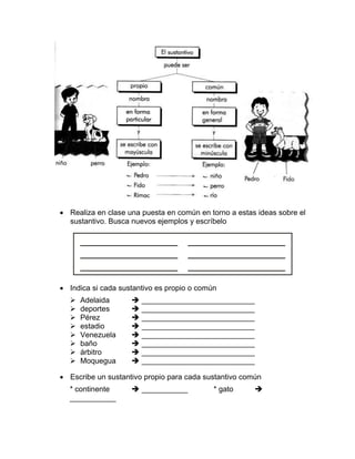  Realiza en clase una puesta en común en torno a estas ideas sobre el
sustantivo. Busca nuevos ejemplos y escríbelo
 Indica si cada sustantivo es propio o común
 Adelaida  ___________________________
 deportes  ___________________________
 Pérez  ___________________________
 estadio  ___________________________
 Venezuela  ___________________________
 baño  ___________________________
 árbitro  ___________________________
 Moquegua  ___________________________
 Escribe un sustantivo propio para cada sustantivo común
* continente  ___________ * gato 
___________
 