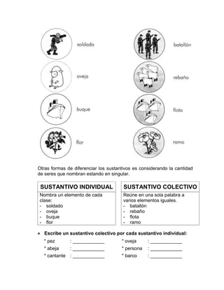 Otras formas de diferenciar los sustantivos es considerando la cantidad
de seres que nombran estando en singular.
 Escribe un sustantivo colectivo por cada sustantivo individual:
* pez : ____________ * oveja : ____________
* abeja : ____________ * persona : ____________
* cantante : ____________ * barco : ____________
SUSTANTIVO INDIVIDUAL
Nombra un elemento de cada
clase:
- soldado
- oveja
- buque
- flor
SUSTANTIVO COLECTIVO
Reúne en una sola palabra a
varios elementos iguales.
- batallón
- rebaño
- flota
- ramo
 