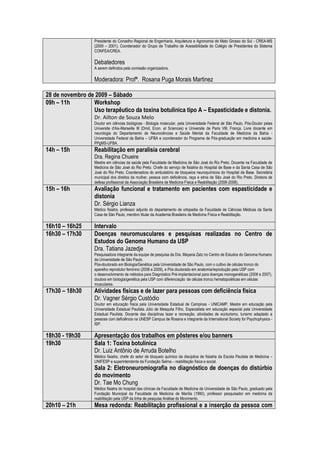 Presidente do Conselho Regional de Engenharia, Arquitetura e Agronomia de Mato Grosso do Sul - CREA-MS
                  (2009 – 2001), Coordenador do Grupo de Trabalho de Acessibilidade do Colégio de Presidentes do Sistema
                  CONFEA/CREA.

                  Debatedores
                  A serem definidos pela comissão organizadora.

                  Moderadora: Profª. Rosana Puga Morais Martinez

28 de novembro de 2009 – Sábado
09h – 11h        Workshop
                 Uso terapêutico da toxina botulínica tipo A – Espasticidade e distonia.
                  Dr. Ailton de Souza Melo
                  Doutor em ciências biológicas - Biologia molecular, pela Universidade Federal de São Paulo, Pós-Doutor pelas
                  Universite d'Aix-Marseille III (Droit, Econ. et Sciences) e Universite de Paris VIII, França. Livre docente em
                  neurologia do Departamento de Neurociências e Saúde Mental da Faculdade de Medicina da Bahia -
                  Universidade Federal da Bahia – UFBA e coordenador do Programa de Pós-graduação em medicina e saúde-
                  PPgMS-UFBA.
14h – 15h         Reabilitação em paralisia cerebral
                  Dra. Regina Chueire
                  Mestre em ciências da saúde pela Faculdade de Medicina de São José do Rio Preto. Docente na Faculdade de
                  Medicina de São José do Rio Preto. Chefe do serviço de fisiatria do Hospital de Base e da Santa Casa de São
                  José do Rio Preto. Coordenadora do ambulatório de bloqueios neuroquímicos do Hospital de Base. Secretária
                  municipal dos direitos da mulher, pessoa com deficiência, raça e etnia de São José do Rio Preto. Diretora de
                  defesa profissional da Associação Brasileira de Medicina Física e Reabilitação (2006-2008).
15h – 16h         Avaliação funcional e tratamento em pacientes com espasticidade e
                  distonia
                  Dr. Sérgio Lianza
                  Médico fisiatra, professor adjunto do departamento de ortopedia da Faculdade de Ciências Médicas da Santa
                  Casa de São Paulo, membro titular da Academia Brasileira de Medicina Física e Reabilitação.

16h10 – 16h25     Intervalo
16h30 – 17h30     Doenças neuromusculares e pesquisas realizadas no Centro de
                  Estudos do Genoma Humano da USP
                  Dra. Tatiana Jazedje
                  Pesquisadora integrante da equipe de pesquisa da Dra. Mayana Zatz no Centro de Estudos do Genoma Humano
                  da Universidade de São Paulo.
                  Pós-doutorado em Biologia/Genética pela Universidade de São Paulo, com o cultivo de células tronco do
                  aparelho reprodutor feminino (2008 e 2009), e Pós doutorado em anatomia/reprodução pela USP com
                  o desenvolvimento de métodos para Diagnóstico Pré-implantacional para doenças monogenéticas (2006 e 2007),
                  doutora em biologia/genética pela USP com diferenciação de células tronco hematopoiéticas em células
                  musculares.
17h30 – 18h30     Atividades físicas e de lazer para pessoas com deficiência física
                  Dr. Vagner Sérgio Custódio
                  Doutor em educação física pela Universidade Estadual de Campinas - UNICAMP, Mestre em educação pela
                  Universidade Estadual Paulista Júlio de Mesquita Filho, Especialista em educação especial pela Universidade
                  Estadual Paulista. Docente das disciplinas lazer e recreação, atividades de ecoturismo, turismo adaptado a
                  pessoas com deficiência na UNESP Campus de Rosana e integrante da International Society for Psychophysics -
                  ISP.

18h30 - 19h30     Apresentação dos trabalhos em pôsteres e/ou banners
19h30             Sala 1: Toxina botulínica
                  Dr. Luiz Antônio de Arruda Botelho
                  Médico fisiatra, chefe do setor de bloqueio químico da disciplina de fisiatria da Escola Paulista de Medicina –
                  UNIFESP e superintendente da Fundação Selma – reabilitação física e social.
                  Sala 2: Eletroneuromiografia no diagnóstico de doenças do distúrbio
                  do movimento
                  Dr. Tae Mo Chung
                  Médico fisiatra do hospital das clínicas da Faculdade de Medicina da Universidade de São Paulo, graduado pela
                  Fundação Municipal da Faculdade de Medicina de Marília (1990), professor pesquisador em medicina da
                  reabilitação pela USP da linha de pesquisa Análise do Movimento.
20h10 – 21h       Mesa redonda: Reabilitação profissional e a inserção da pessoa com
 
