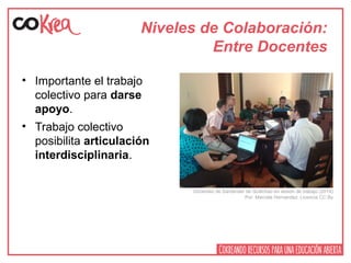 Niveles de Colaboración:
Entre Docentes
• Importante el trabajo
colectivo para darse
apoyo.
• Trabajo colectivo
posibilita articulación
interdisciplinaria.
Docentes de Santander de Quilichao en sesión de trabajo (2014)
Por: Marcela Hernandez. Licencia CC By
 
