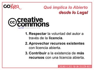 Qué implica lo Abierto
desde lo Legaldesde lo Legal
1. Respectar la voluntad del autor a
través de la licencia.
2. Aprovechar recursos existentes
con licencia abierta.
3. Contribuir a la existencia de más
recursos con una licencia abierta.
Logo OER. Creative Commons. CC By
 