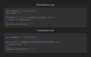 var numbers = [1,2,3,4,5]
var total = 0
!
for(var i = 1; i < numbers.length; i++) {
total += numbers[i]
}
console.log(total) // 15
var numbers = [1,2,3,4,5]
!
var total = numbers.reduce(function(sum, n) {
return sum + n
});
console.log(total) // 15
Imperative way
Declarative way
 
