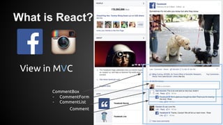 What is React?
View in MVC
CommentBox
- CommentForm
- CommentList
Comment
 