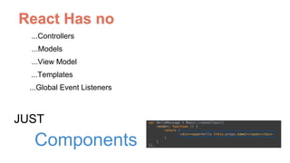 React Has no
...Controllers
...Templates
...Global Event Listeners
...Models
...View Model
JUST
Components
 