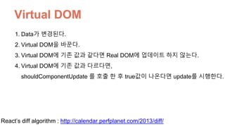 Virtual DOM
1. Data가 변경된다.
2. Virtual DOM을 바꾼다.
3. Virtual DOM에 기존 값과 같다면 Real DOM에 업데이트 하지 않는다.
4. Virtual DOM에 기존 값과 다르다면,  
shouldComponentUpdate 를 호출 한 후 true값이 나온다면 update를 시행한다.
React’s diff algorithm : http://calendar.perfplanet.com/2013/diff/
 