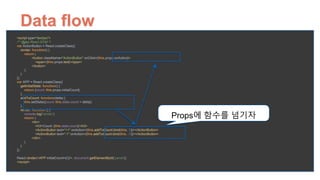 <script type="text/jsx"> 
/** @jsx React.DOM */ 
var ActionButton = React.createClass({ 
render: function() { 
return ( 
<button className="ActionButton" onClick={this.props.onAction}> 
<span>{this.props.text}</span> 
</button> 
); 
} 
}); 
var APP = React.createClass({ 
getInitialState: function() { 
return {count: this.props.initialCount}; 
}, 
addToCount: function(delta) { 
this.setState({count: this.state.count + delta}) 
}, 
render: function () { 
console.log('render') 
return ( 
<div> 
<h3>Count: {this.state.count}</h3> 
<ActionButton text="+1" onAction={this.addToCount.bind(this, 1)}></ActionButton> 
<ActionButton text="-1" onAction={this.addToCount.bind(this, -1)}></ActionButton> 
</div> 
) 
} 
}); 
 
React.render(<APP initialCount={0}/>, document.getElementById('panel')); 
</script>
Props에 함수를 넘기자
Data ﬂow
 