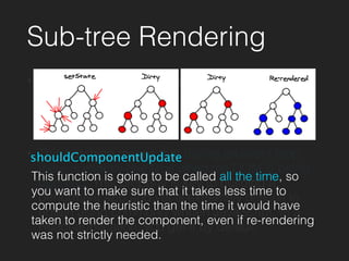 Sub-tree Rendering
• Whenever you call setState on a component,
React will mark it as dirty. At the end of the event
loop, React looks at all the dirty components and
re-renders them.
• This batching means that during an event loop,
there is exactly one time when the DOM is being
updated. This property is key to building a
performant app and yet is extremely difﬁcult to
obtain using commonly written JavaScript. In a
React application, you get it by default.
shouldComponentUpdate
This function is going to be called all the time, so
you want to make sure that it takes less time to
compute the heuristic than the time it would have
taken to render the component, even if re-rendering
was not strictly needed.
 