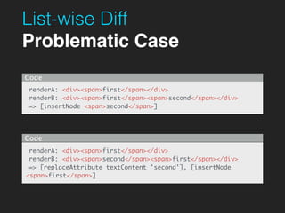 List-wise Diff
Problematic Case
renderA: <div><span>first</span></div>
renderB: <div><span>first</span><span>second</span></div>
=> [insertNode <span>second</span>]
Code
renderA: <div><span>first</span></div>
renderB: <div><span>second</span><span>first</span></div>
=> [replaceAttribute textContent 'second'], [insertNode
<span>first</span>]
Code
 