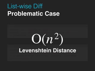 List-wise Diff
Problematic Case
renderA: <div><span>first</span></div>
renderB: <div><span>first</span><span>second</span></div>
=> [insertNode <span>second</span>]
Code
renderA: <div><span>first</span></div>
renderB: <div><span>second</span><span>first</span></div>
=> [replaceAttribute textContent 'second'], [insertNode
<span>first</span>]
Code
Levenshtein Distance
O(n2)
 