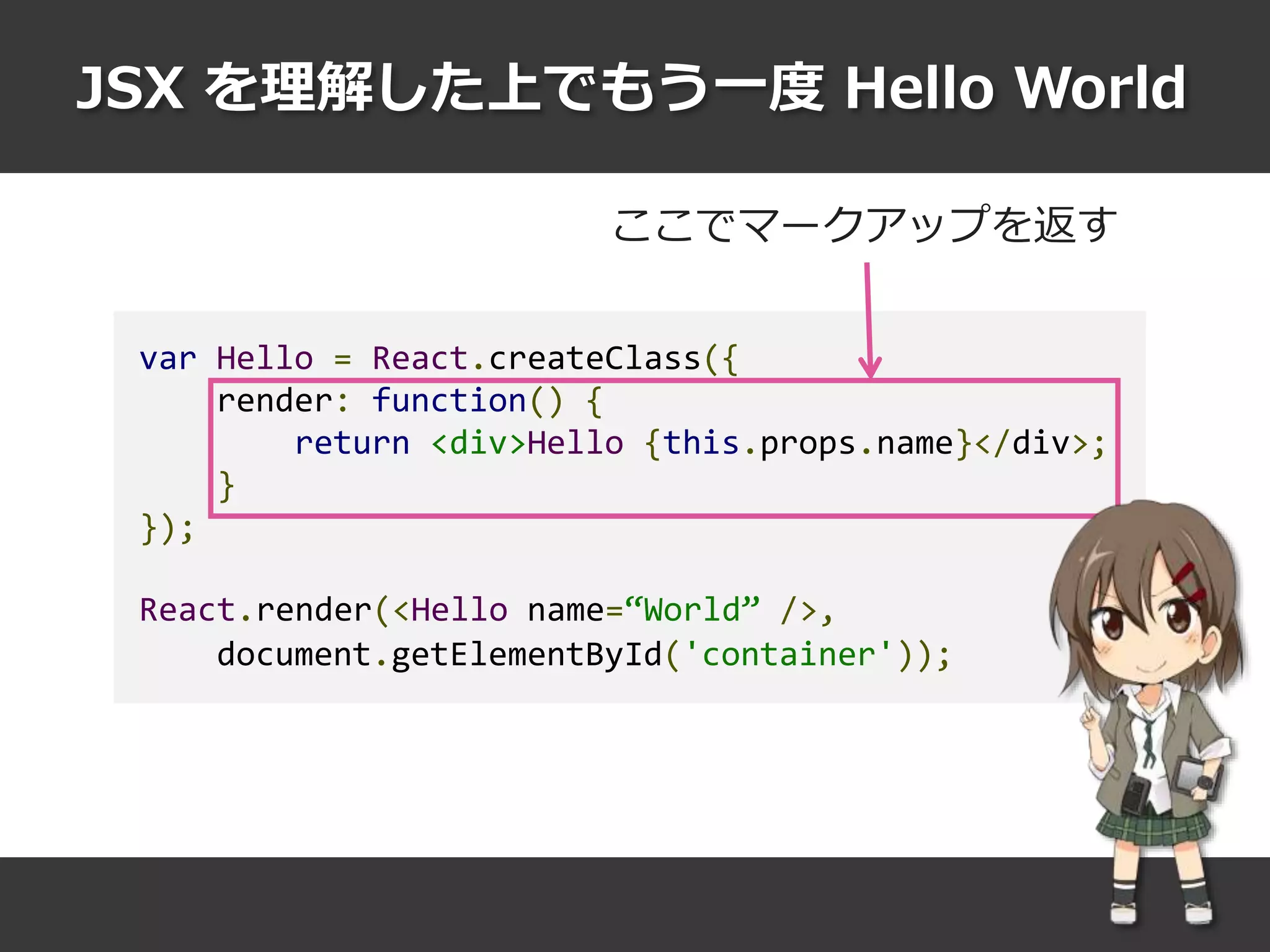 JSX を理解した上でもう一度 Hello World
var Hello = React.createClass({
render: function() {
return <div>Hello {this.props.name}</div>;
}
});
React.render(<Hello name=“World” />,
document.getElementById('container'));
ここでマークアップを返す
 