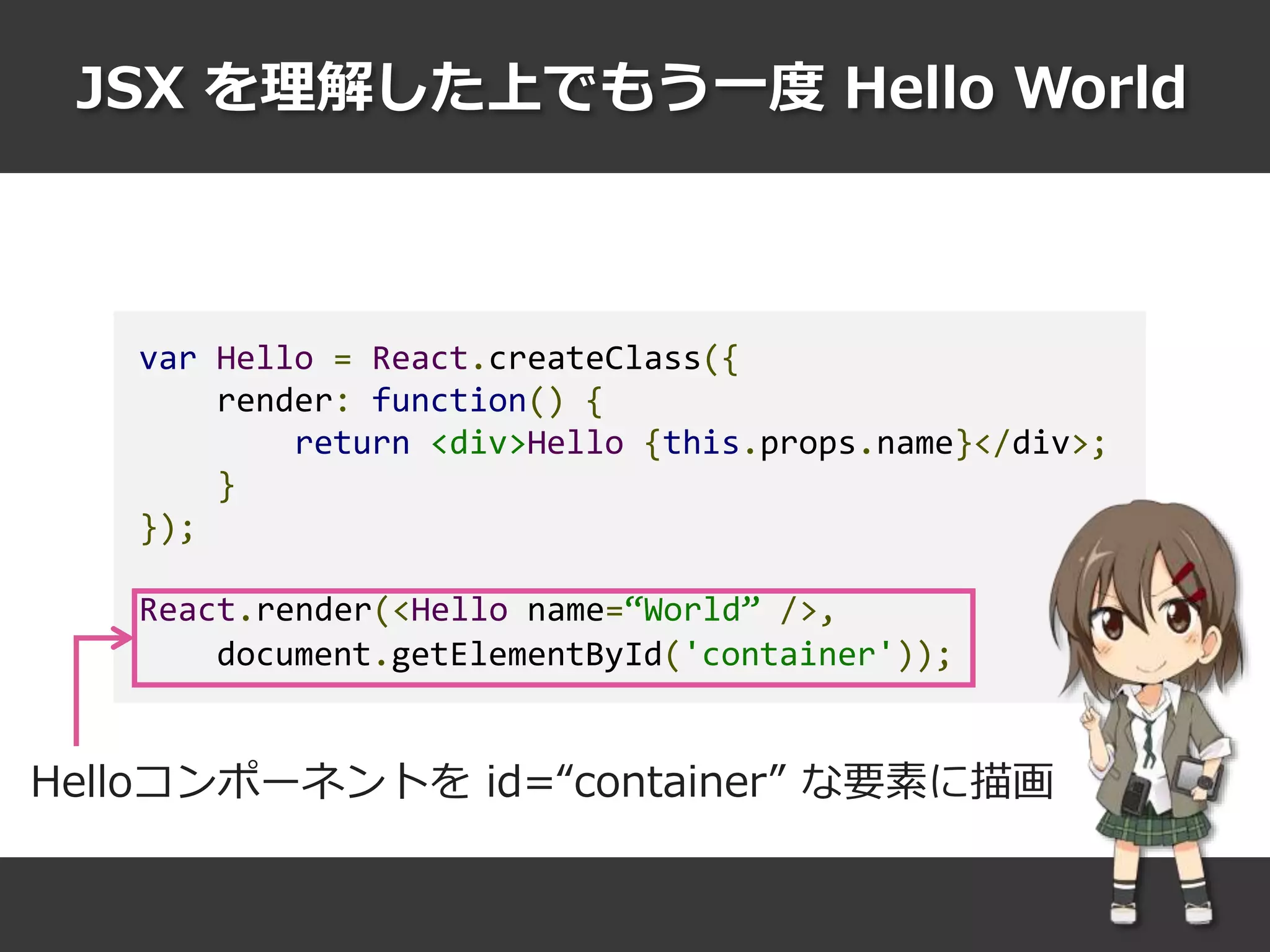 JSX を理解した上でもう一度 Hello World
var Hello = React.createClass({
render: function() {
return <div>Hello {this.props.name}</div>;
}
});
React.render(<Hello name=“World” />,
document.getElementById('container'));
Helloコンポーネントを id=“container” な要素に描画
 