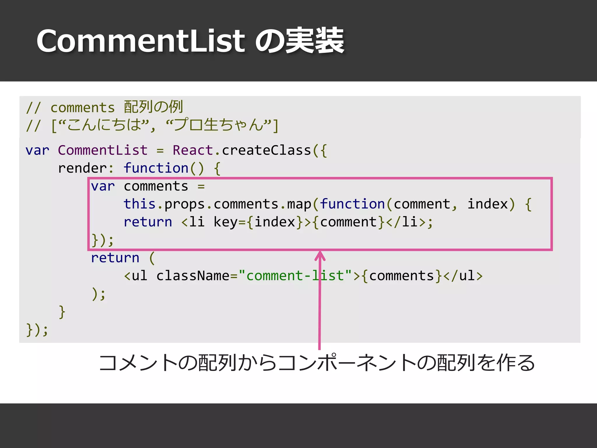 // comments 配列の例
// [“こんにちは”, “プロ生ちゃん”]
CommentList の実装
var CommentList = React.createClass({
render: function() {
var comments =
this.props.comments.map(function(comment, index) {
return <li key={index}>{comment}</li>;
});
return (
<ul className="comment-list">{comments}</ul>
);
}
});
コメントの配列からコンポーネントの配列を作る
 