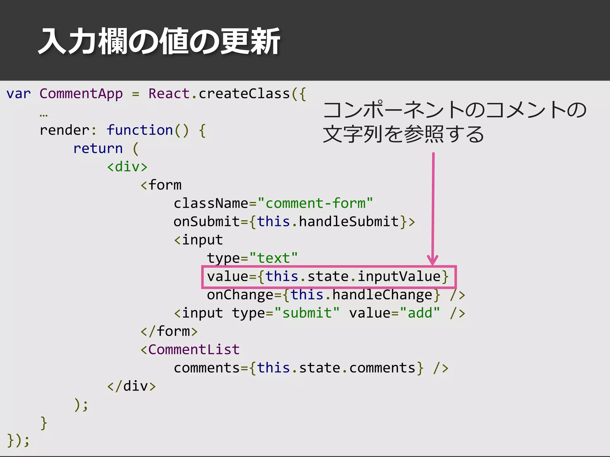 入力欄の値の更新
var CommentApp = React.createClass({
…
render: function() {
return (
<div>
<form
className="comment-form"
onSubmit={this.handleSubmit}>
<input
type="text"
value={this.state.inputValue}
onChange={this.handleChange} />
<input type="submit" value="add" />
</form>
<CommentList
comments={this.state.comments} />
</div>
);
}
});
コンポーネントのコメントの
文字列を参照する
 