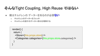 そんなTight Coupling, High Reuse ではない
● 親はチルドレンの データーを知るのが必要ない
○ チルドレンのデーターをフェッチ
○ チルドレンの渡すのデーター部分を理解する
render() {
return (
<Store>{this.props.store} />
<Categories categories={this.props.store.categories} />
)
}
 