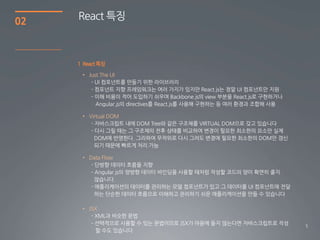 5
02
1 React특징
React 특징
• Just The UI
• Virtual DOM
• Data Flow
• JSX
 