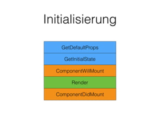 Initialisierung
GetDefaultProps
GetInitialState
ComponentWillMount
Render
ComponentDidMount
 