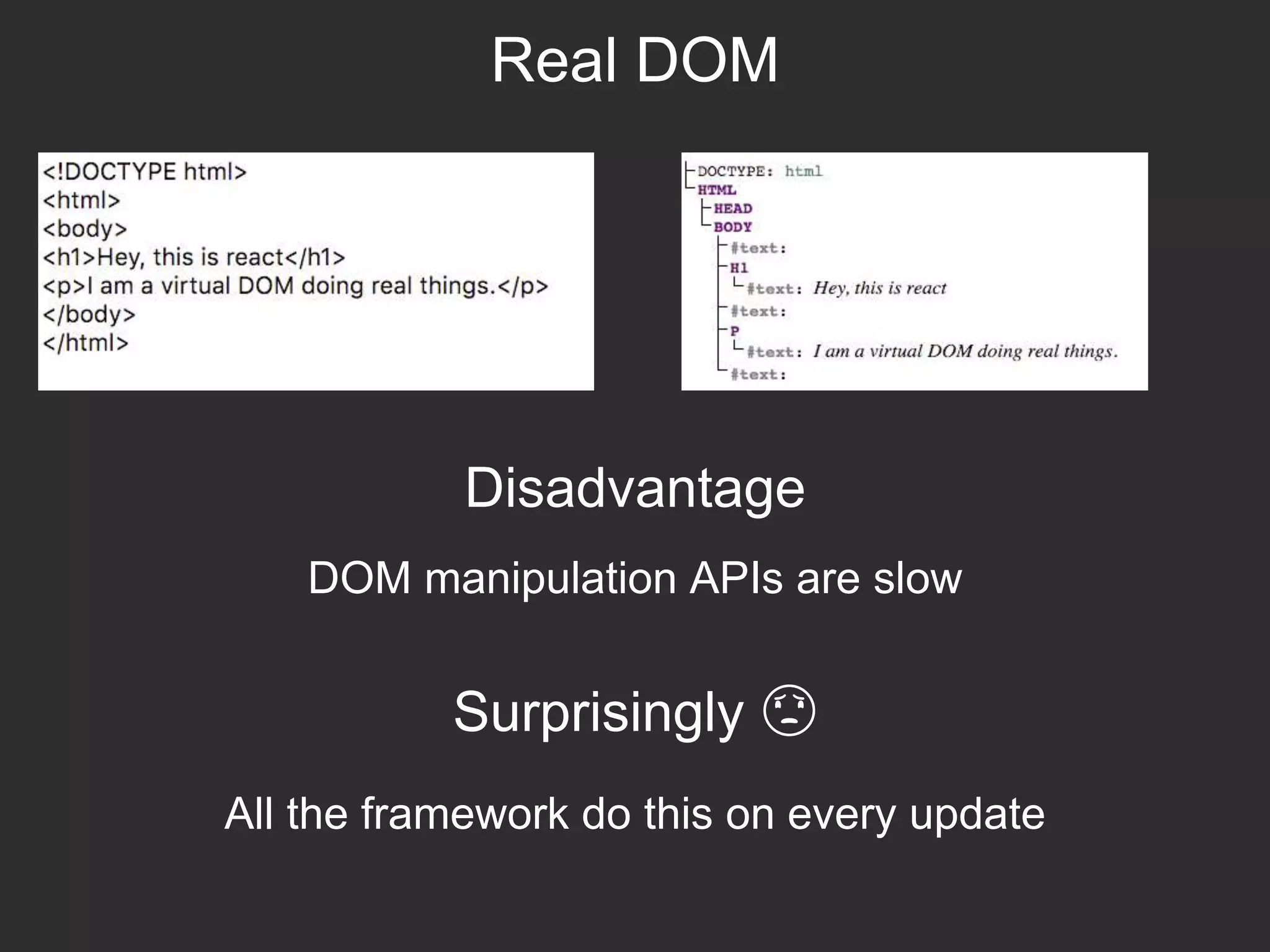 Real DOM
Disadvantage
DOM manipulation APIs are slow
Surprisingly 😟
All the framework do this on every update
 