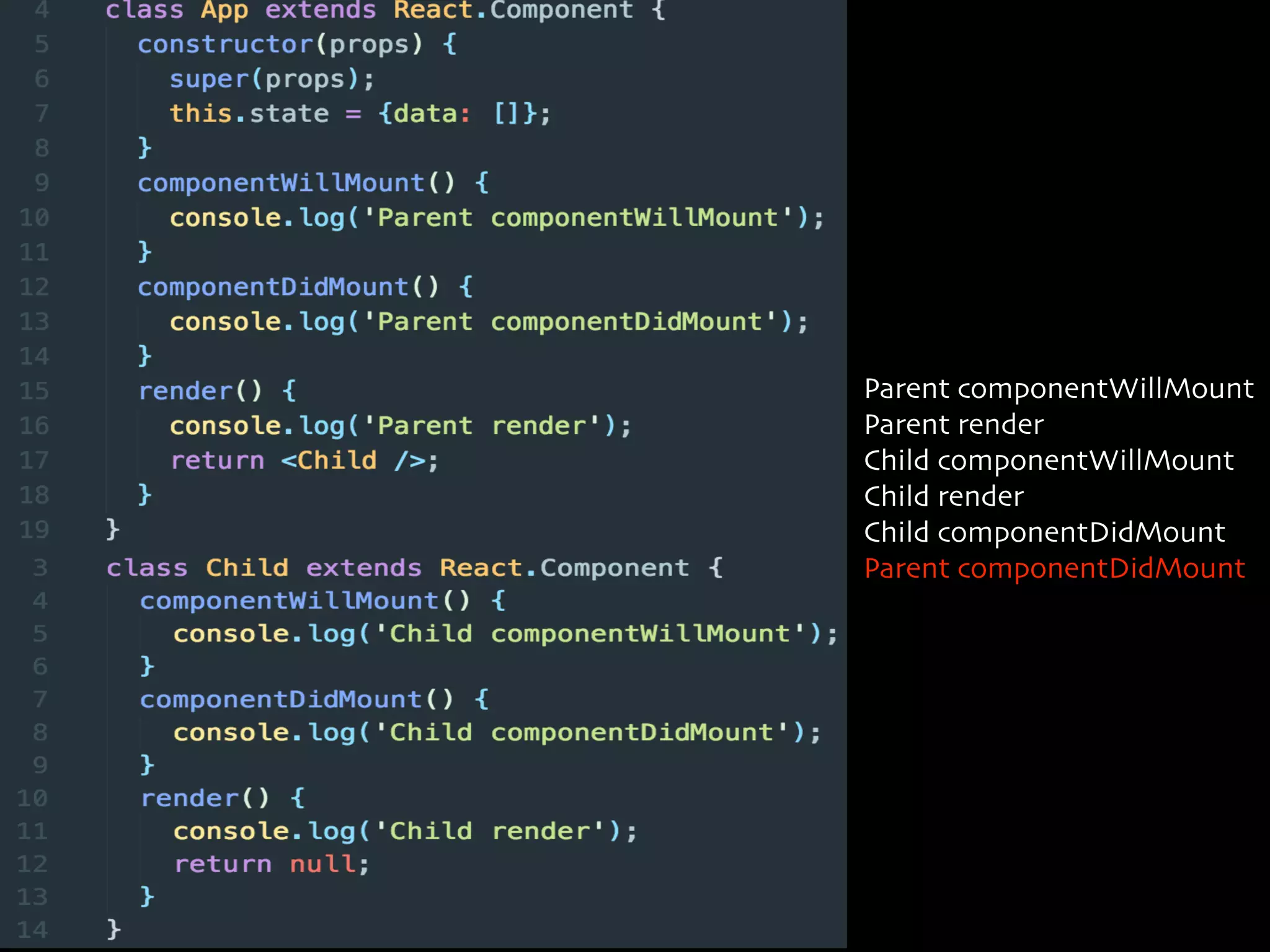 Parent componentWillMount
Parent render
Child componentWillMount
Child render
Child componentDidMount
Parent componentDidMount
 