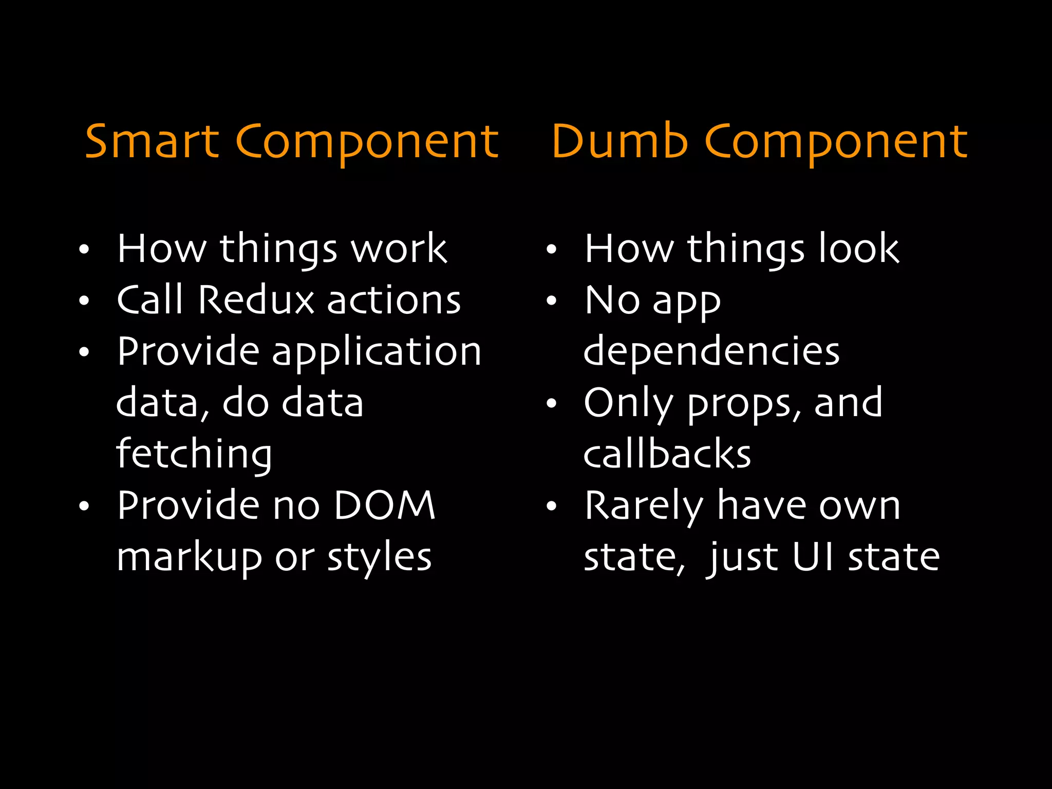 Smart Component
• How things work
• Call Redux actions
• Provide application
data, do data
fetching
• Provide no DOM
markup or styles
Dumb Component
• How things look
• No app
dependencies
• Only props, and
callbacks
• Rarely have own
state, just UI state
 