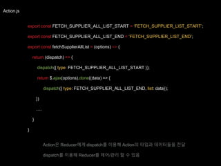 Action.js
export const FETCH_SUPPLIER_ALL_LIST_START = ‘FETCH_SUPPLIER_LIST_START’;
export const FETCH_SUPPLIER_ALL_LIST_END = ‘FETCH_SUPPLIER_LIST_END’;
export const fetchSupplierAllList = (options) => {
return (dispatch) => {
dispatch({ type: FETCH_SUPPLIER_ALL_LIST_START });
return $.ajax(options).done((data) => {
dispatch({ type: FETCH_SUPPLIER_ALL_LIST_END, list: data});
})
….
}
}
Action은 Reducer에게 dispatch를 이용해 Action의 타입과 데이터들을 전달
dispatch를 이용해 Reducer를 제어/관리 할 수 있음
 