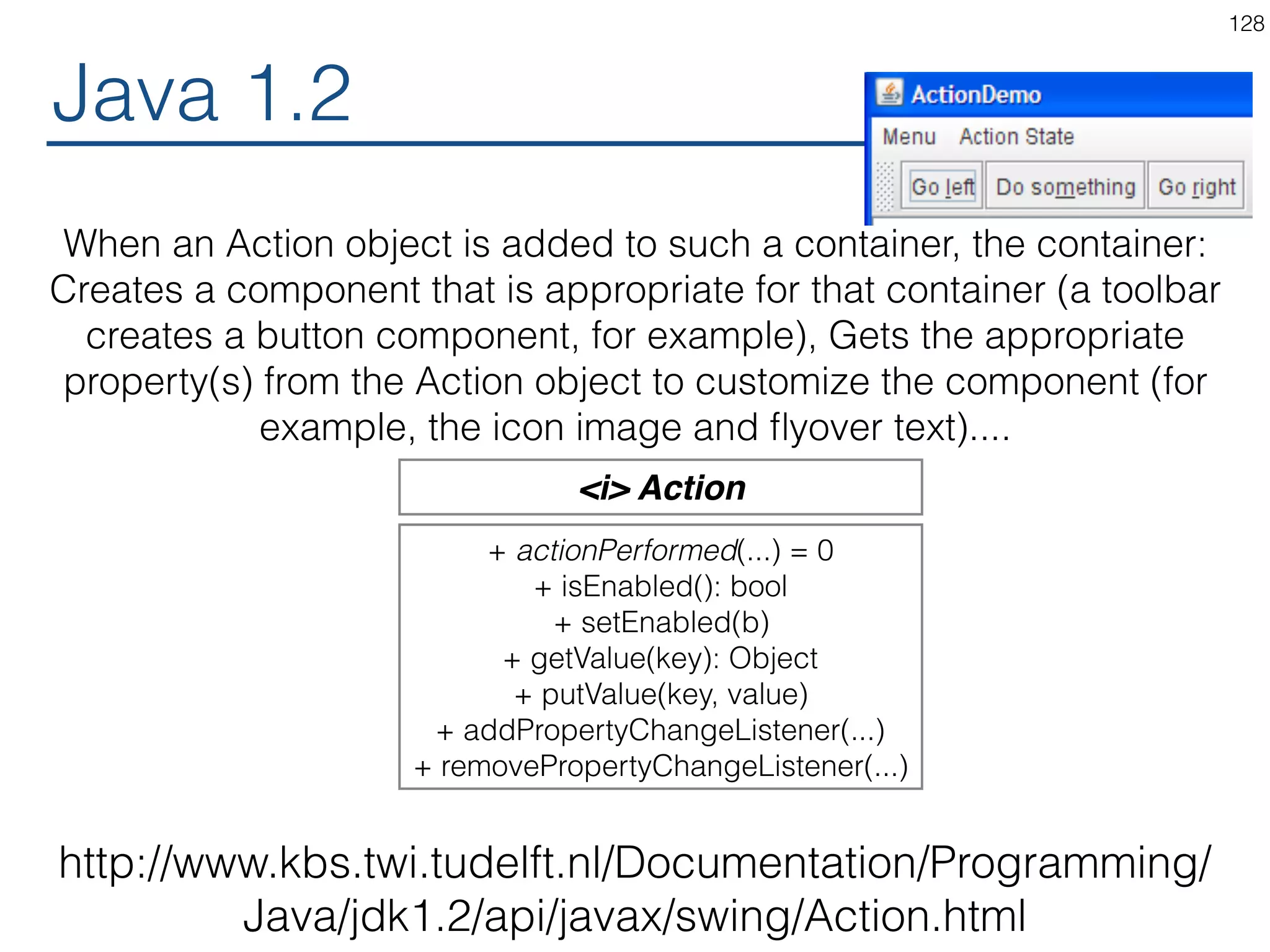 Java 1.0 128 http://web.mit.edu/java_v1.0.2/www/apibook/javag2.htm An application should override the action method (II- §1.10.1) of the button or of one of its containing windows in order to cause some action to occur. Button + action(...) MyButton + action(...) 