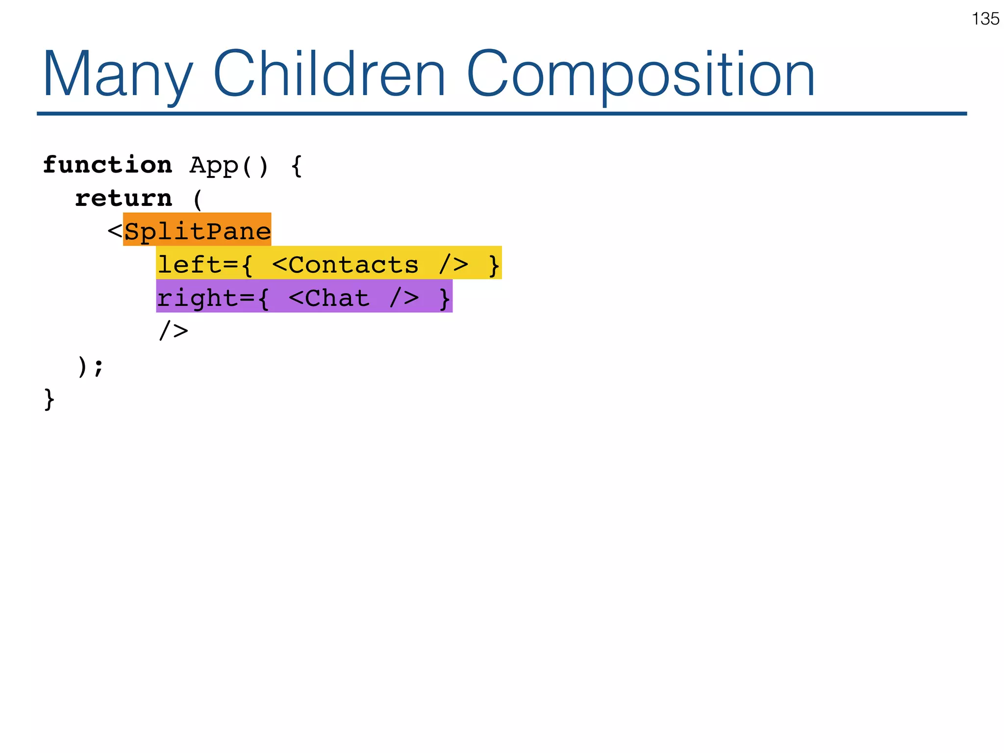 Many Children Composition <div class="SplitPane"> <div class="SplitPane-left"> <Contacts /> </div> <div class="SplitPane-right"> <Chat /> </div> </div> 135 