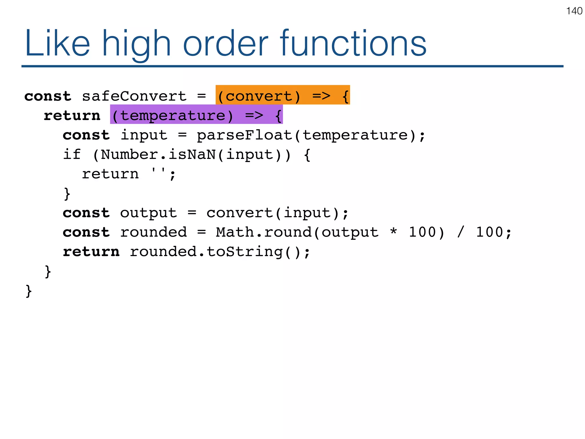 Specialization function WelcomeDialog(props) { return ( <Dialog title="Welcome" message={ <div> <h1>Thanks!</h1> for visiting! </div> } /> ); } 140 
