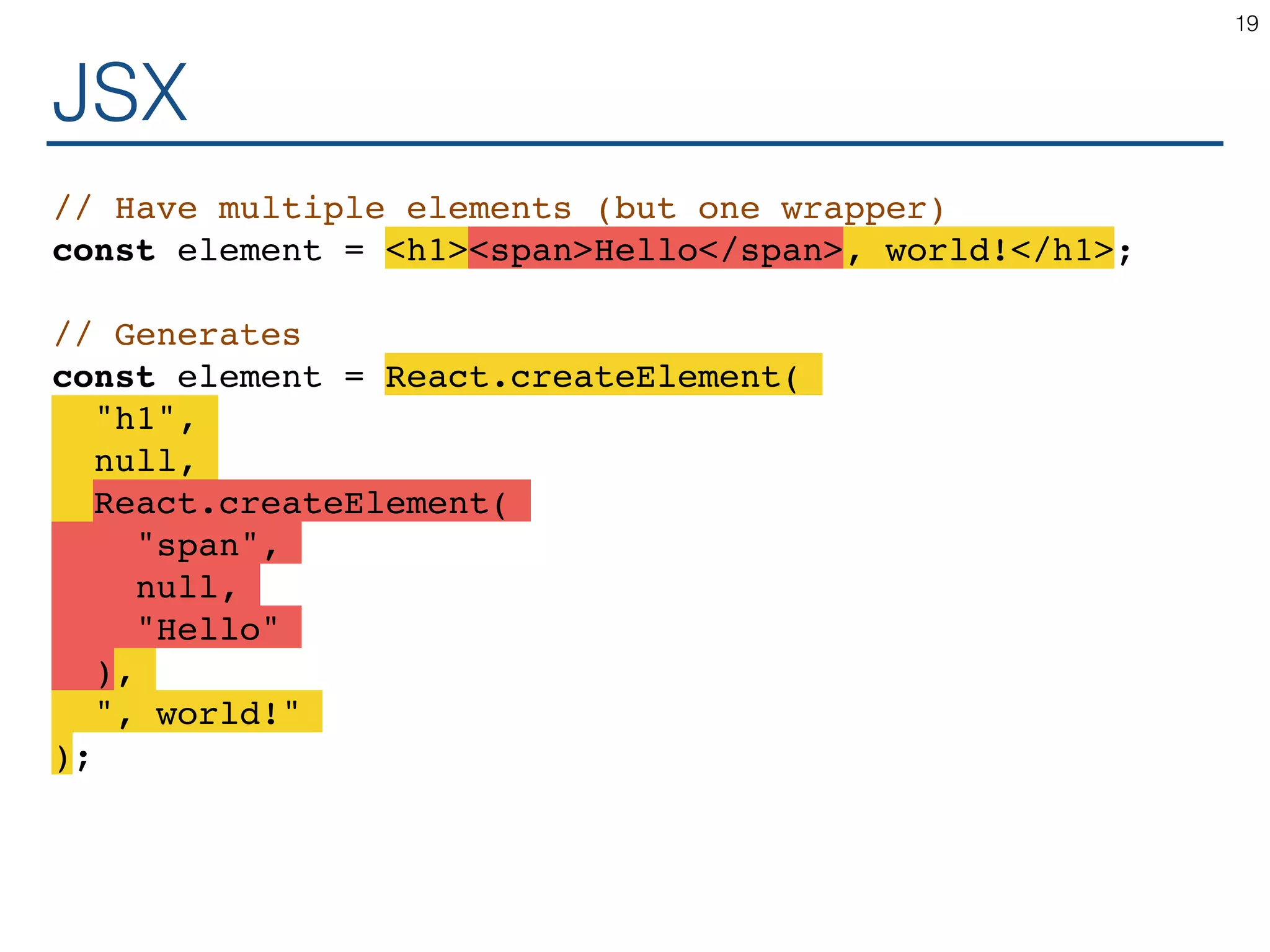 JSX // Have multiple elements (but one wrapper) const element = <h1><span>Hello</span>, world!</h1>; // Generates const element = React.createElement( "h1", null, React.createElement( "span", null, "Hello" ), ", world!" ); 19 